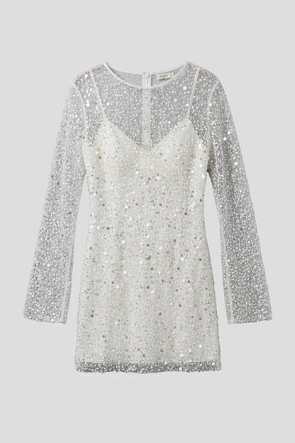 Light women's flattering mini dress - bead-embellished mesh overlay, foam beads, for evening events