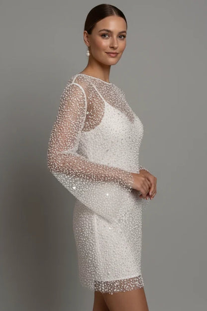 Light women's flattering mini dress - bead-embellished mesh overlay, foam beads, for evening events