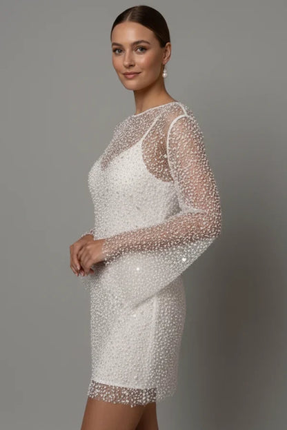 Light women's flattering mini dress - bead-embellished mesh overlay, foam beads, for evening events