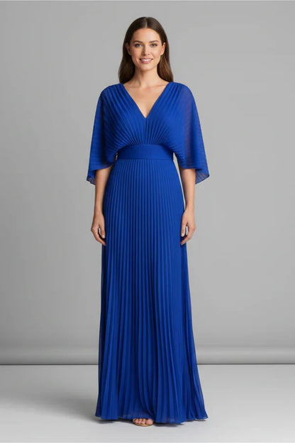 Flowy Women's Dress - V-Neck Bat-Sleeve High-Waist, Light Polyester, Casual Daywear