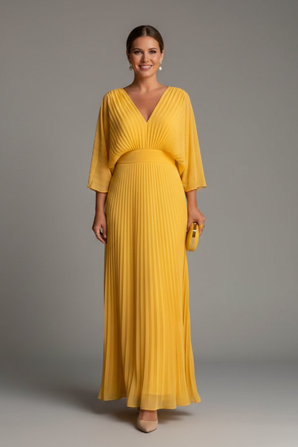 Flowy Women's Dress - V-Neck Bat-Sleeve High-Waist, Light Polyester, Casual Daywear