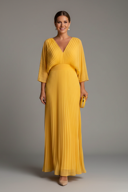 Flowy Women's Dress - V-Neck Bat-Sleeve High-Waist, Light Polyester, Casual Daywear