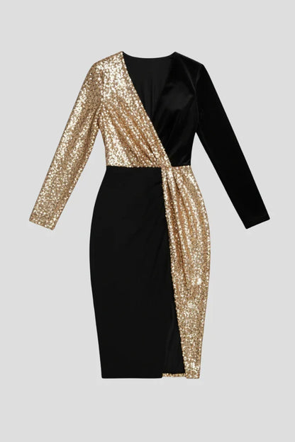 Flattering Fitted Women’s Dress - V-Neck Wrap-Waist, Sequined Panel, Eveningwear