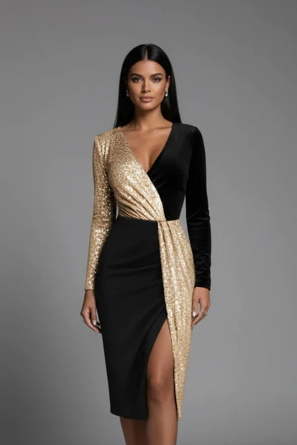 Flattering Fitted Women’s Dress - V-Neck Wrap-Waist, Sequined Panel, Eveningwear