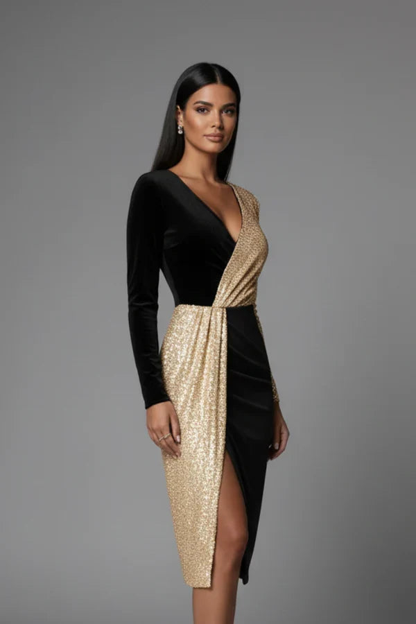 Flattering Fitted Women’s Dress - V-Neck Wrap-Waist, Sequined Panel, Eveningwear