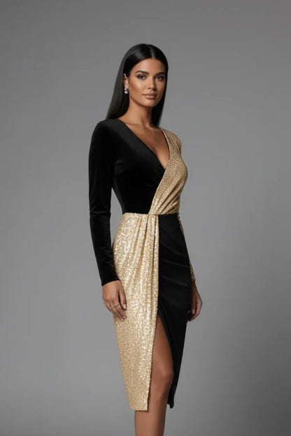 Flattering Fitted Women’s Dress - V-Neck Wrap-Waist, Sequined Panel, Eveningwear