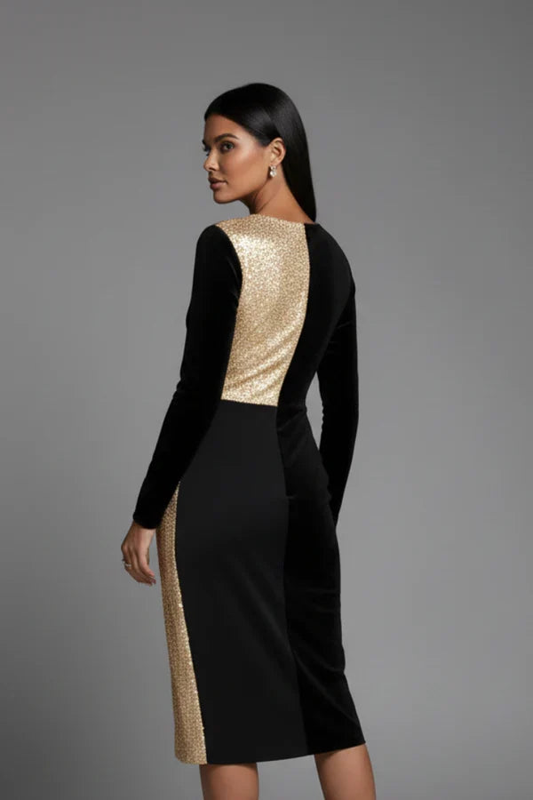 Flattering Fitted Women’s Dress - V-Neck Wrap-Waist, Sequined Panel, Eveningwear