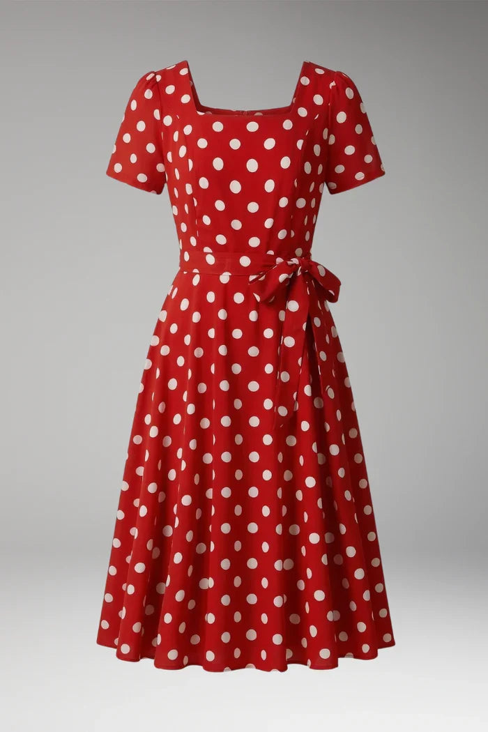 a-line wrap dress, polka-dot print, knee-length, waist-tie, polyester, for occasions – Plush, flowy women's dress