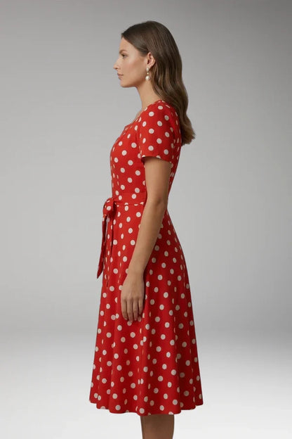 a-line wrap dress, polka-dot print, knee-length, waist-tie, polyester, for occasions – Plush, flowy women's dress
