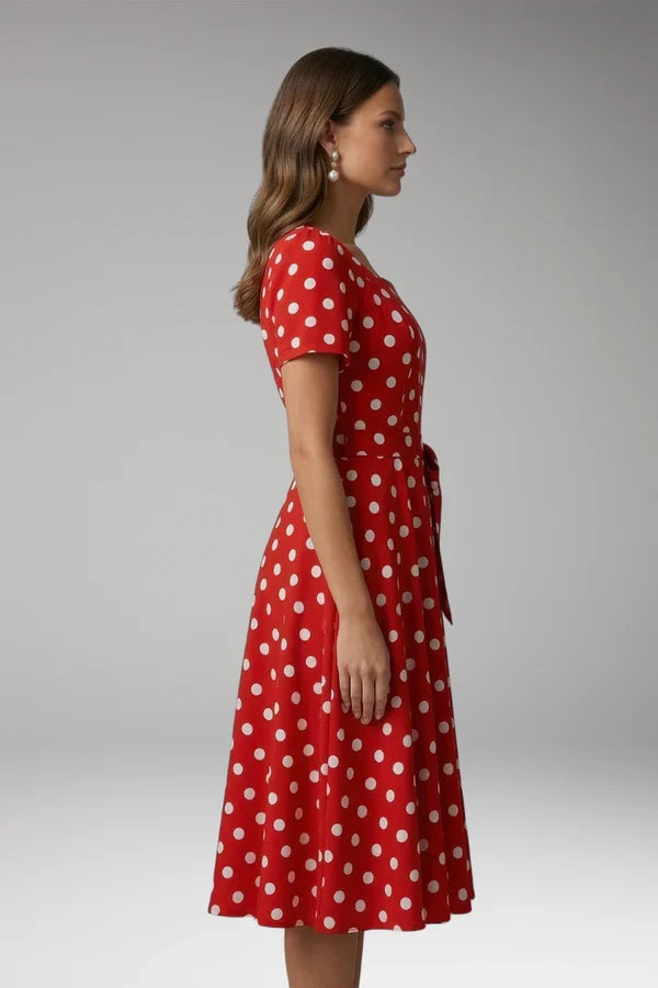 a-line wrap dress, polka-dot print, knee-length, waist-tie, polyester, for occasions – Plush, flowy women's dress