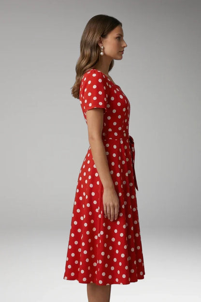 a-line wrap dress, polka-dot print, knee-length, waist-tie, polyester, for occasions – Plush, flowy women's dress