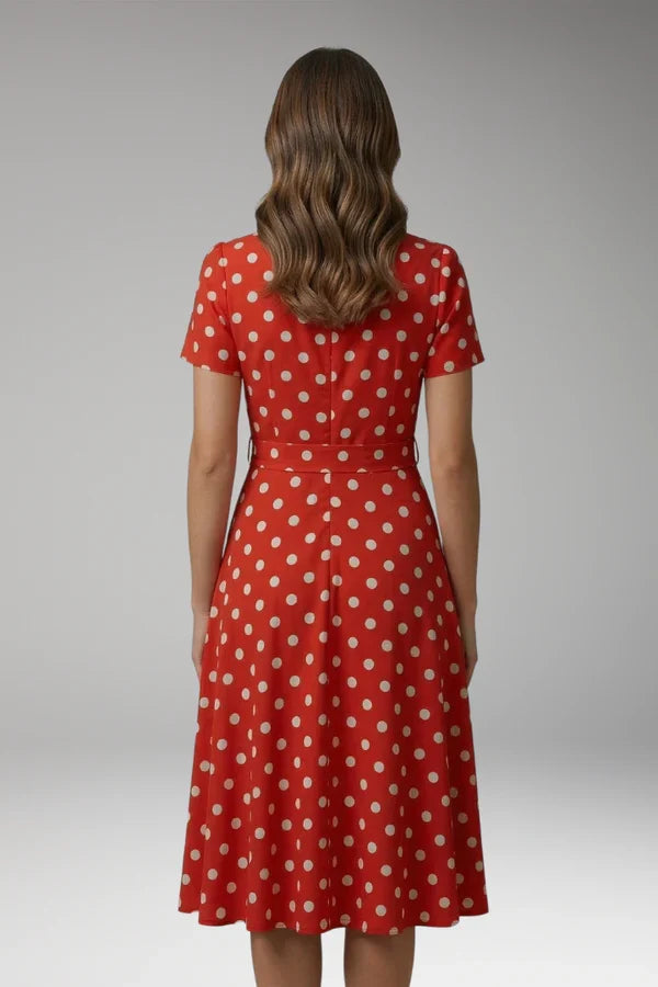 a-line wrap dress, polka-dot print, knee-length, waist-tie, polyester, for occasions – Plush, flowy women's dress