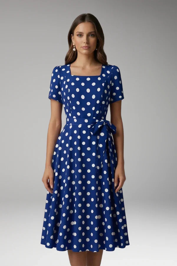 a-line wrap dress, polka-dot print, knee-length, waist-tie, polyester, for occasions – Plush, flowy women's dress
