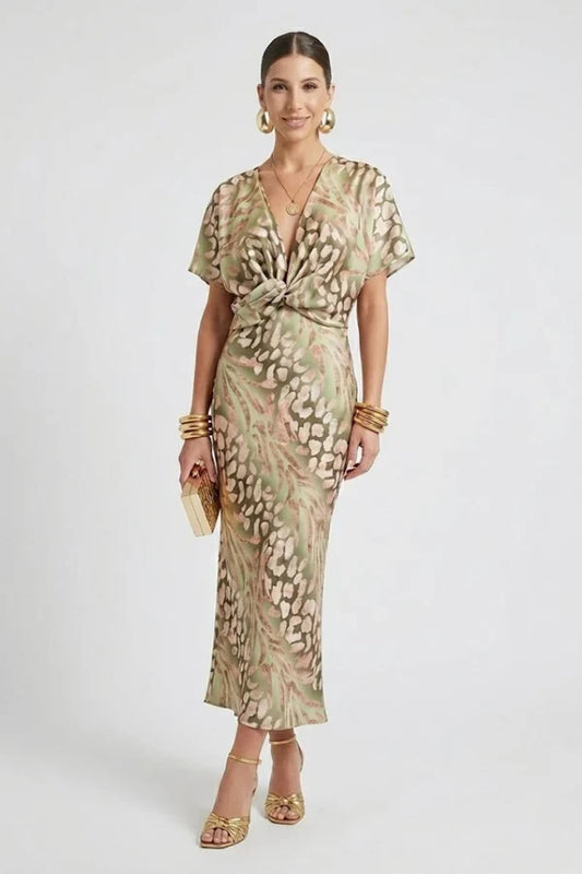 Light Women’s Wrap Dress - Flattering Twisted Knot V-Neck, Printed Polyester, For Party