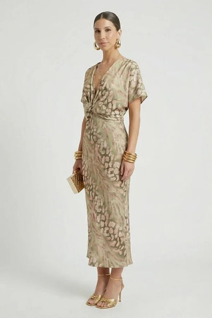 Light Women’s Wrap Dress - Flattering Twisted Knot V-Neck, Printed Polyester, For Party
