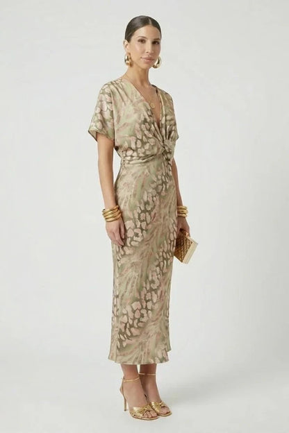 Light Women’s Wrap Dress - Flattering Twisted Knot V-Neck, Printed Polyester, For Party