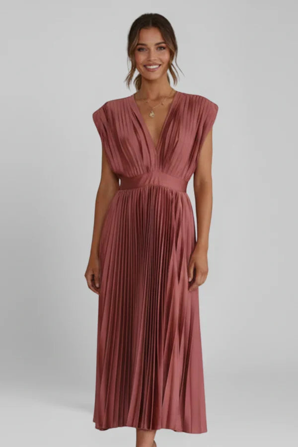 Light women's dress - v-neck pleated sleeveless, polyester, casual wear for summer events