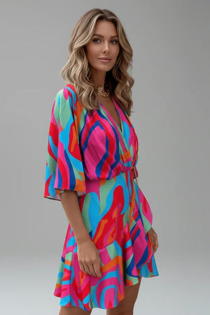 Light flattering women's dress - doll-sleeve V-neck, irregular hem, paisley print, casual