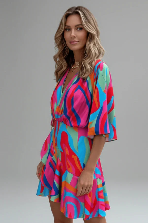 Light flattering women's dress - doll-sleeve V-neck, irregular hem, paisley print, casual