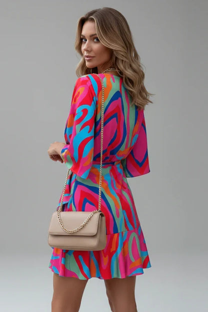 Light flattering women's dress - doll-sleeve V-neck, irregular hem, paisley print, casual