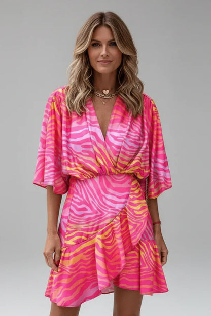 Light flattering women's dress - doll-sleeve V-neck, irregular hem, paisley print, casual