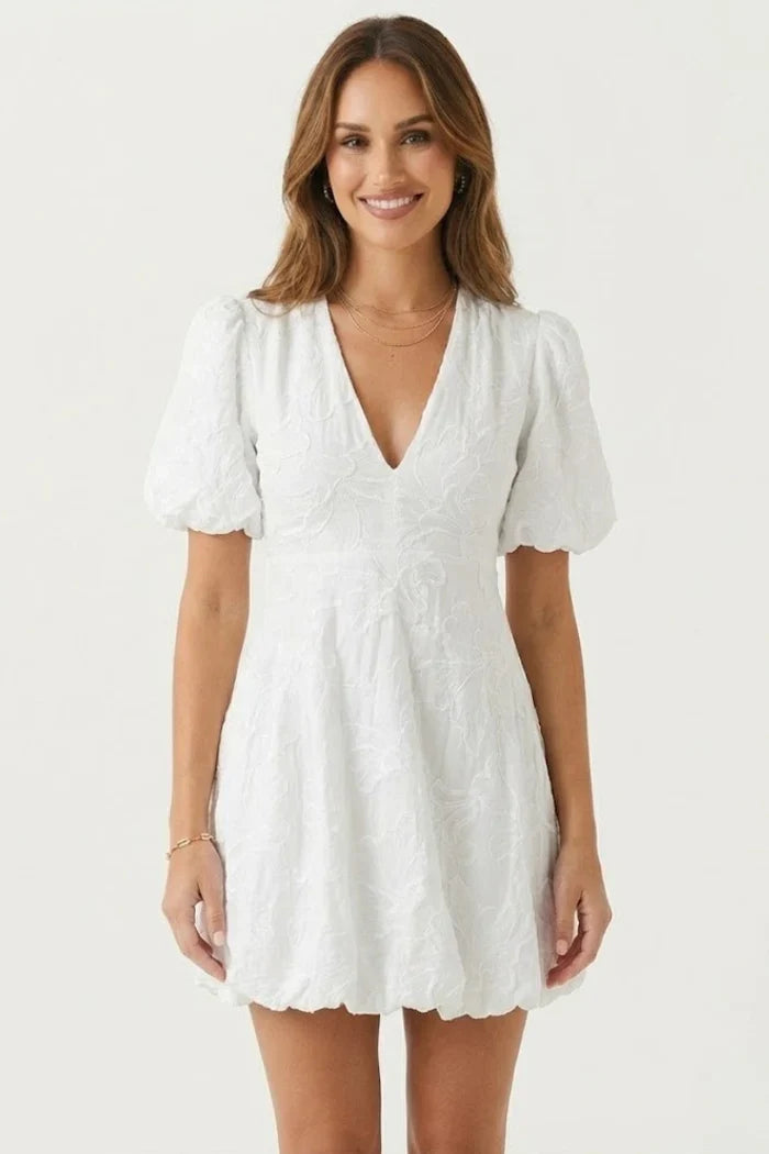 Light women's dress - puff-sleeve, A-line with embroidery, for casual wear