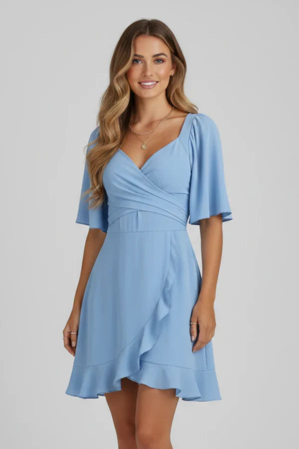 Light women's dress - V-neck wrap waist, flutter sleeves, ruffle hem, polyester, for occasions