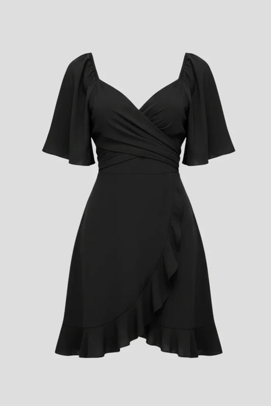 Light women's dress - V-neck wrap waist, flutter sleeves, ruffle hem, polyester, for occasions