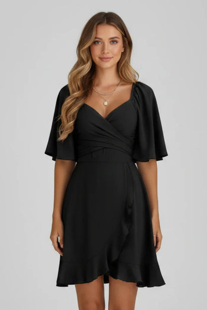Light women's dress - V-neck wrap waist, flutter sleeves, ruffle hem, polyester, for occasions