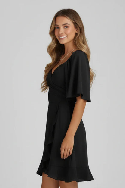 Light women's dress - V-neck wrap waist, flutter sleeves, ruffle hem, polyester, for occasions