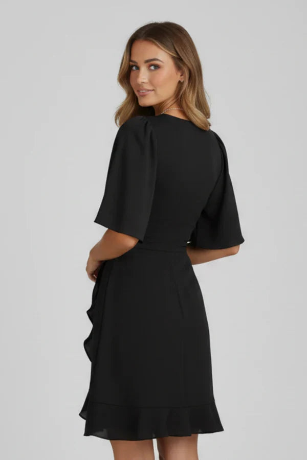 Light women's dress - V-neck wrap waist, flutter sleeves, ruffle hem, polyester, for occasions