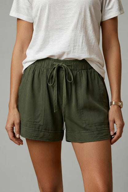 Women's Breathable Shorts - Pleated Pocket, Wide-Leg, Cotton Blend, Casual Wear, Pull-On Style