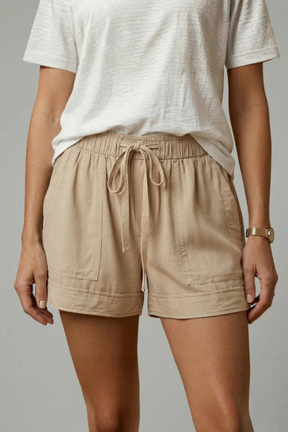 Women's Breathable Shorts - Pleated Pocket, Wide-Leg, Cotton Blend, Casual Wear, Pull-On Style