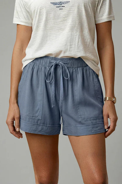 Women's Breathable Shorts - Pleated Pocket, Wide-Leg, Cotton Blend, Casual Wear, Pull-On Style