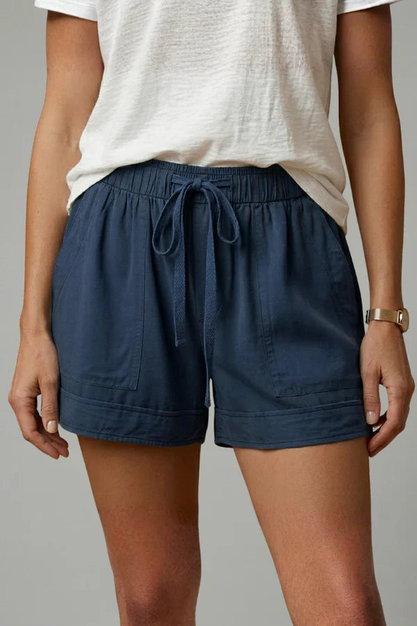 Women's Breathable Shorts - Pleated Pocket, Wide-Leg, Cotton Blend, Casual Wear, Pull-On Style