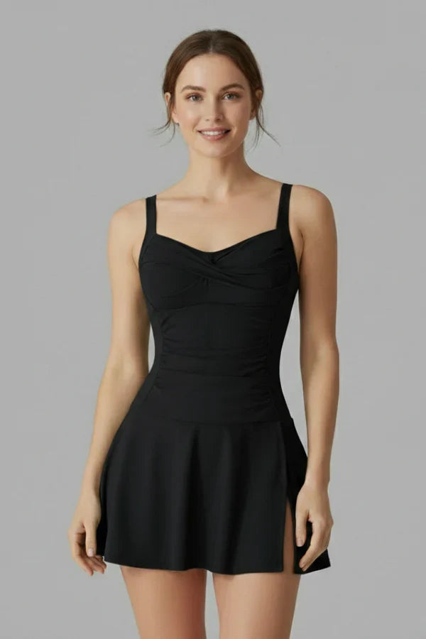 sleeveless ruched-bust, nylon, for pool – Fast-dry flattering women's skirted swimsuit