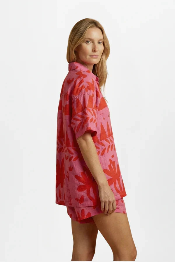 Light women's printed cardigan shirt set - collared, relaxed-fit, polyester, casual wear