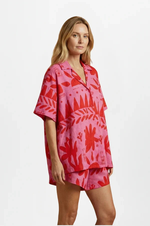 Light women's printed cardigan shirt set - collared, relaxed-fit, polyester, casual wear