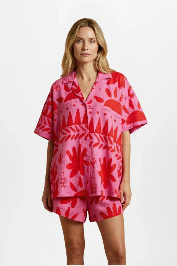 Light women's printed cardigan shirt set - collared, relaxed-fit, polyester, casual wear