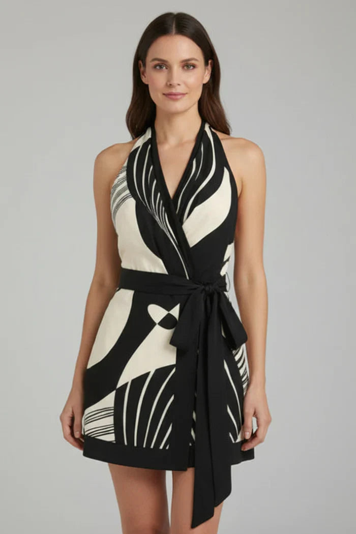 Light women's halter dress - flattering wrap waist, Scandinavian graphic print, polyester, for summer events
