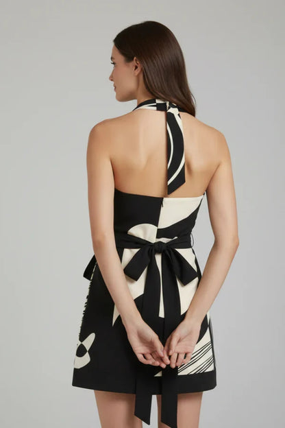 Light women's halter dress - flattering wrap waist, Scandinavian graphic print, polyester, for summer events