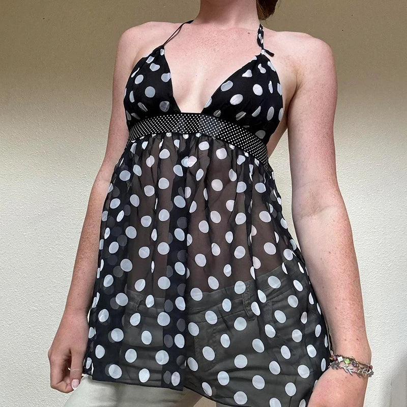 Women's Polka Dot Cami Top, Backless Mesh Design, Flattering A-Line Hem, Trendy Going Out Tank Top for Summer 0