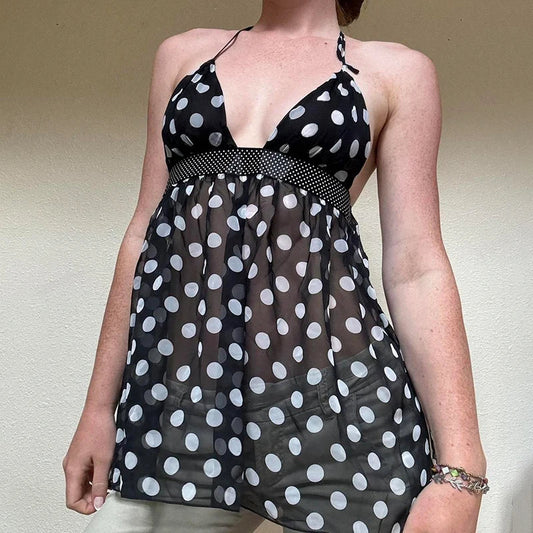 Women's Polka Dot Cami Top, Backless Mesh Design, Flattering A-Line Hem, Trendy Going Out Tank Top for Summer 0