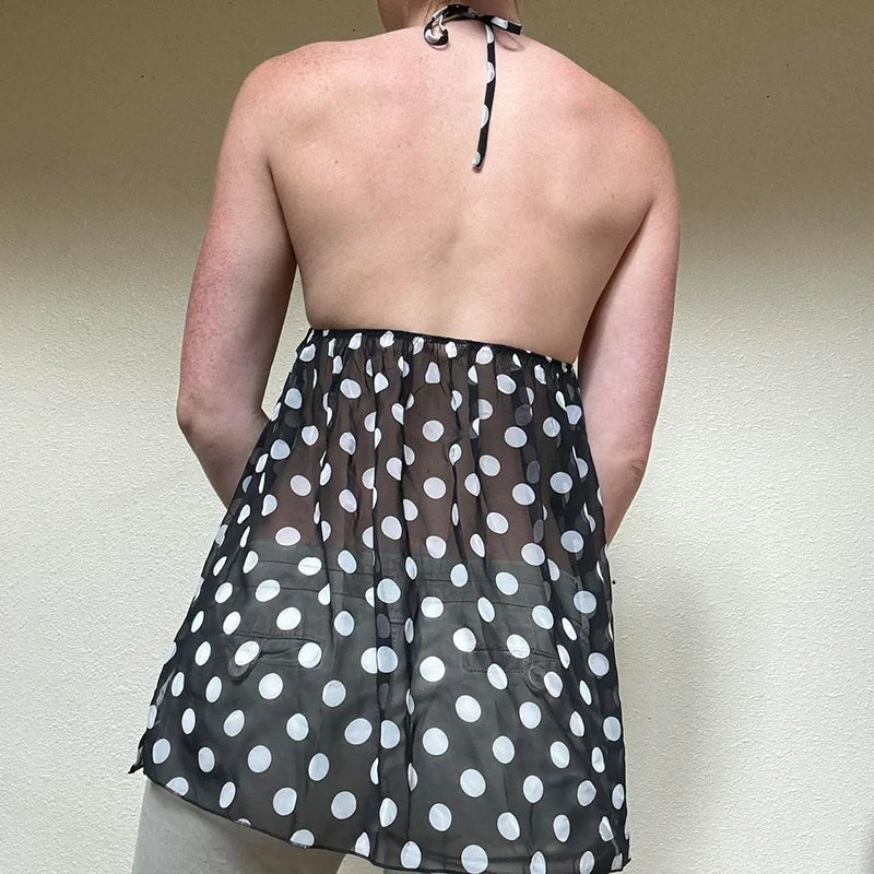 Women's Polka Dot Cami Top, Backless Mesh Design, Flattering A-Line Hem, Trendy Going Out Tank Top for Summer 1
