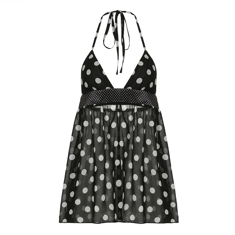 Women's Polka Dot Cami Top, Backless Mesh Design, Flattering A-Line Hem, Trendy Going Out Tank Top for Summer 4