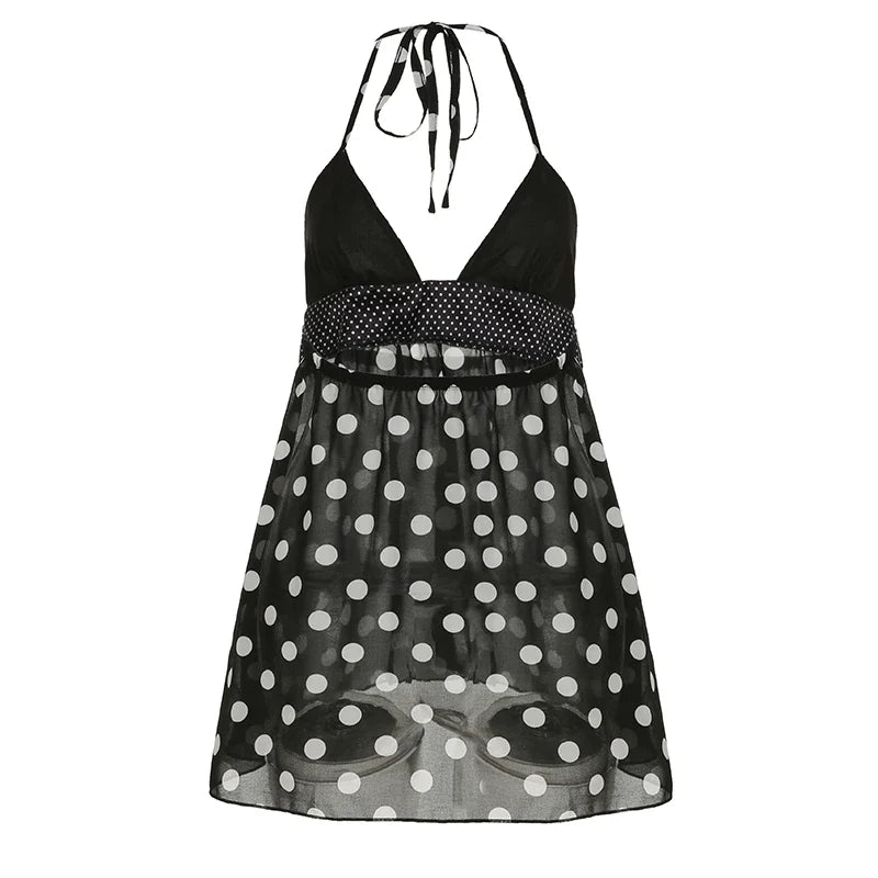 Women's Polka Dot Cami Top, Backless Mesh Design, Flattering A-Line Hem, Trendy Going Out Tank Top for Summer 5