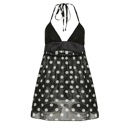 Women's Polka Dot Cami Top, Backless Mesh Design, Flattering A-Line Hem, Trendy Going Out Tank Top for Summer 5