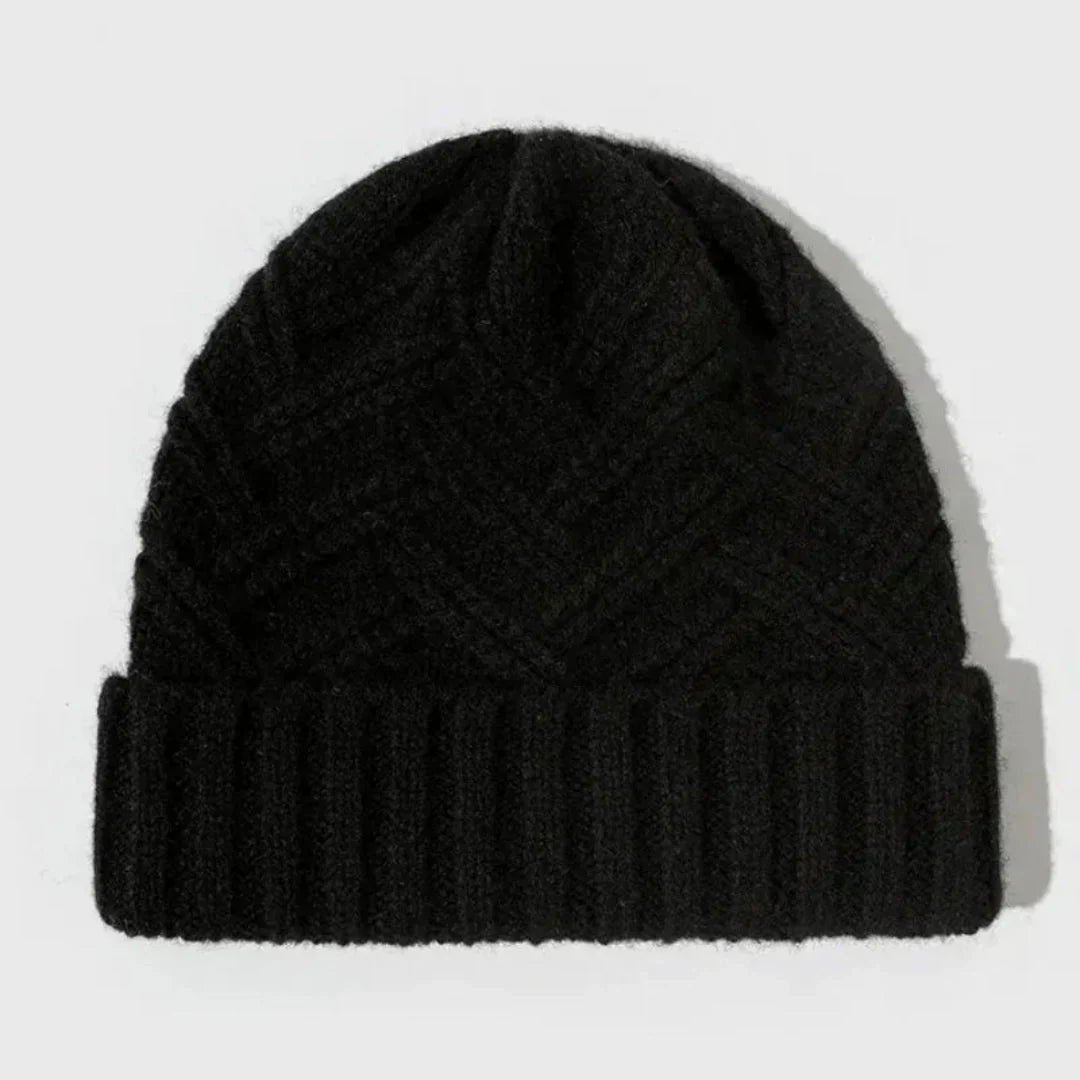 Warm Timeless Wool Beanie - Ribbed Cuff, Chevron Knit