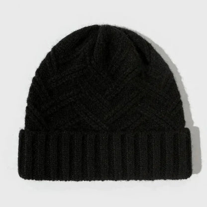 Warm Timeless Wool Beanie - Ribbed Cuff, Chevron Knit
