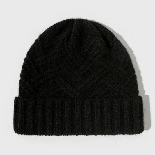 Warm Timeless Wool Beanie - Ribbed Cuff, Chevron Knit